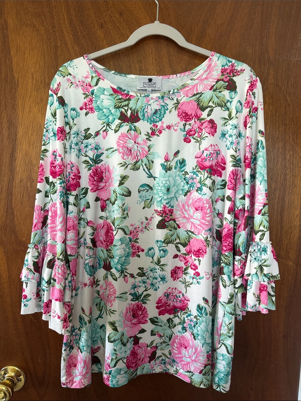 Dainty Jewells Floral Ruffle-Sleeve Tunic in Pink & Teal on Cream